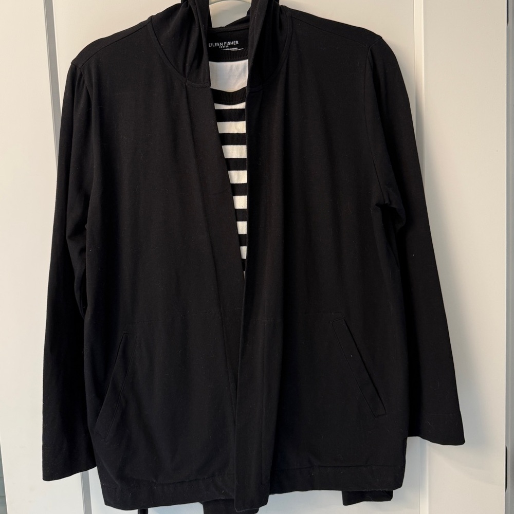 Eileen Fisher Petites Hooded Cardigan Jacket Stretch Cotton Open Front Size PM